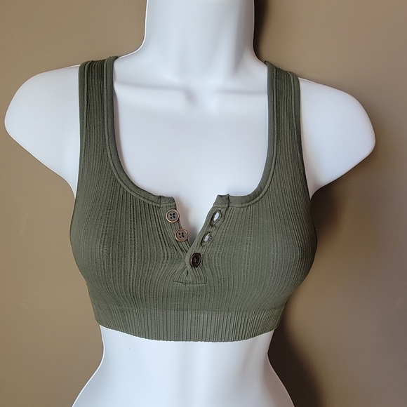 Urban Outfitters Ribbed Buttoned Dark Green Cropped Top Tank Top Size Small - Picture 2 of 6
